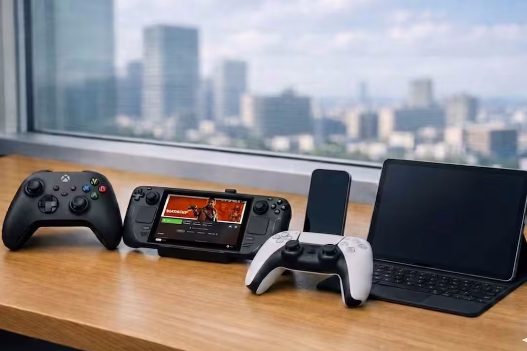 家庭用ゲーム機のコントローラーと携帯型ゲームデバイス。最新ハードや市場動向を網羅したコンサルティング環境