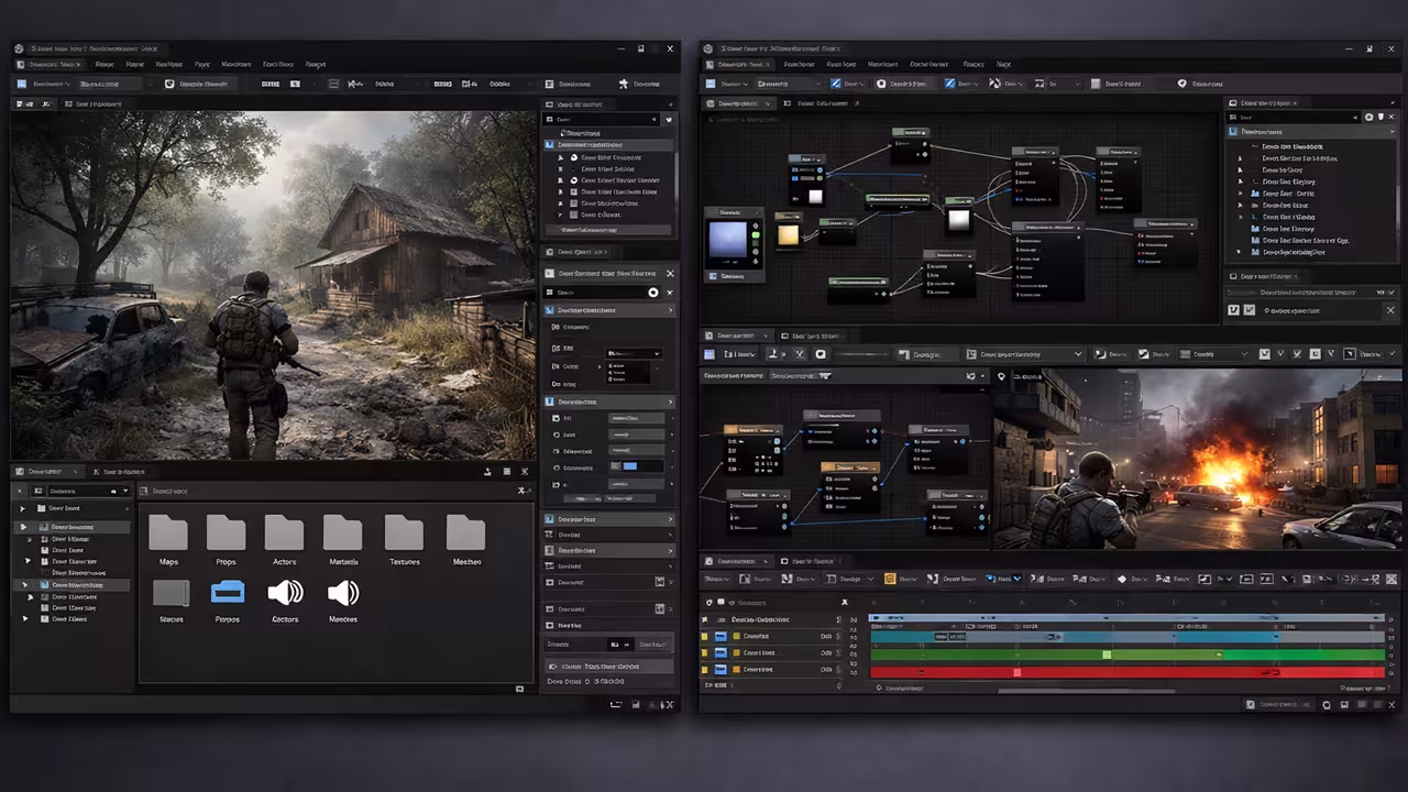 Unreal Engineのエディタ画面。インディーゲーム開発における実装工程